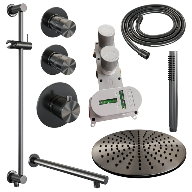 BRAUER Gunmetal Edition thermostatische inbouw regendouche SET 14 met 30 cm douchekop en rechte muurarm en staaf handdouche en doucheslang en geïntegreerde glijstang gunmetal geborsteld PVD