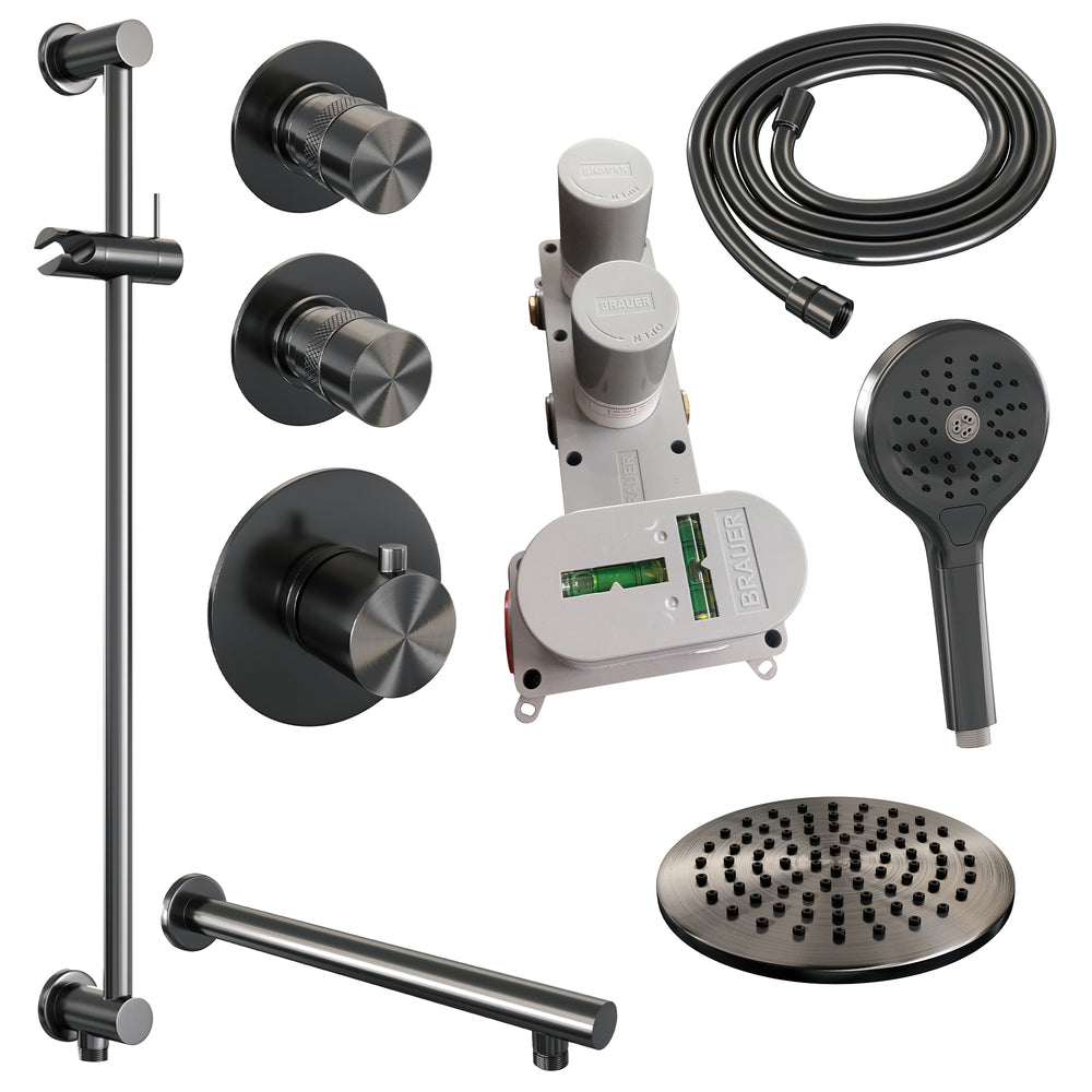 BRAUER Gunmetal Edition thermostatische inbouw regendouche SET 19 met 20 cm douchekop en rechte muurarm en 3-standen handdouche en doucheslang en geïntegreerde glijstang gunmetal geborsteld PVD