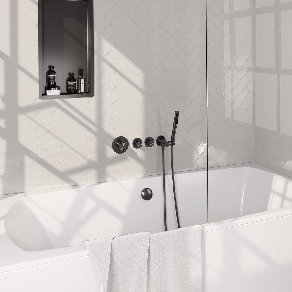BRAUER Gunmetal Edition thermostatische inbouw badkraan SET 01 met badvulcombinatie en staaf handdouche en doucheslang en wandaansluitbocht gunmetal geborsteld PVD