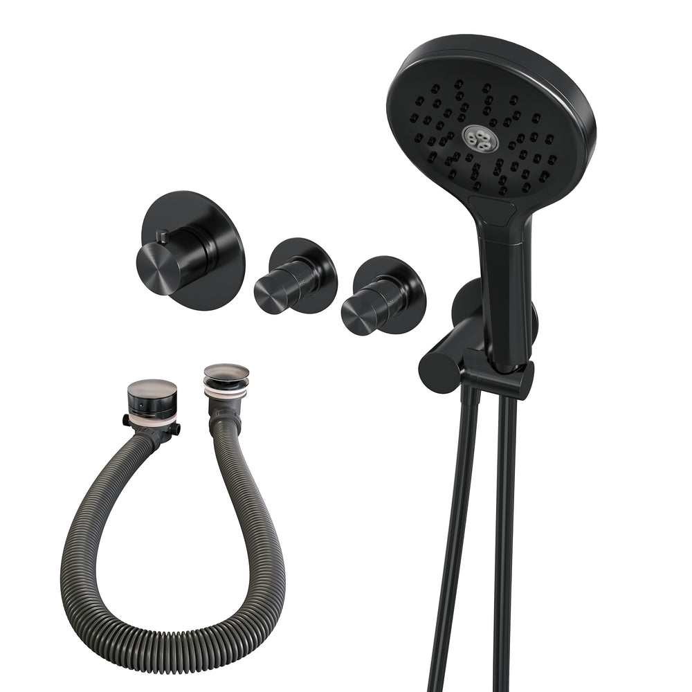 BRAUER Gunmetal Edition thermostatische inbouw badkraan SET 02 met badvulcombinatie en 3-standen handdouche en doucheslang en wandaansluitbocht gunmetal geborsteld PVD