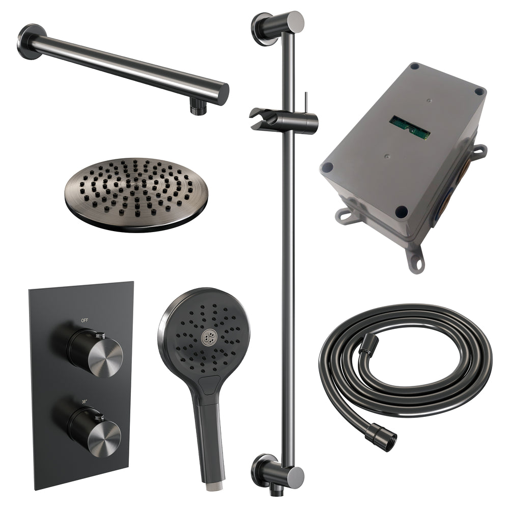 BRAUER Gunmetal Edition thermostatische inbouw regendouche 3-weg omstelling SET 43 met 20 cm douchekop en rechte muurarm en 3-standen handdouche en doucheslang en geïntegreerde glijstang gunmetal geborsteld PVD