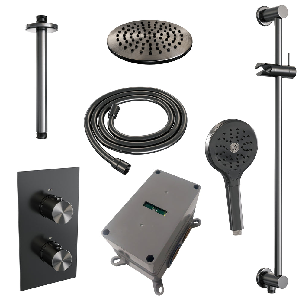 BRAUER Gunmetal Edition thermostatische inbouw regendouche 3-weg omstelling SET 47 met 20 cm douchekop en plafondarm en 3-standen handdouche en doucheslang en geïntegreerde glijstang gunmetal geborsteld PVD