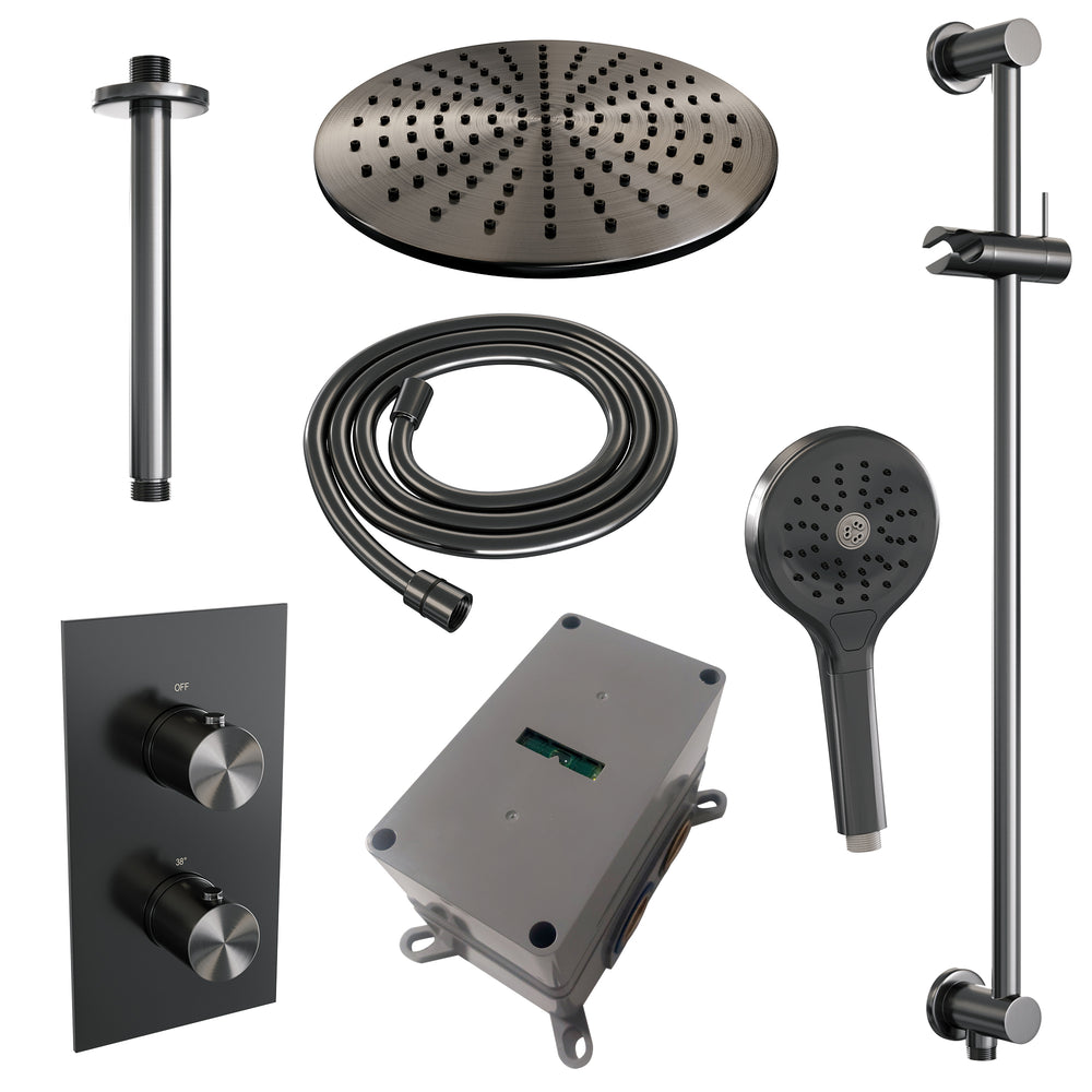 BRAUER Gunmetal Edition thermostatische inbouw regendouche 3-weg omstelling SET 48 met 30 cm douchekop en plafondarm en 3-standen handdouche en doucheslang en geïntegreerde glijstang gunmetal geborsteld PVD