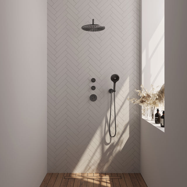 BRAUER Gunmetal Edition thermostatische inbouw regendouche SET 10 met 30 cm douchekop en gebogen muurarm en 3-standen handdouche en doucheslang en wandaansluitbocht gunmetal geborsteld PVD