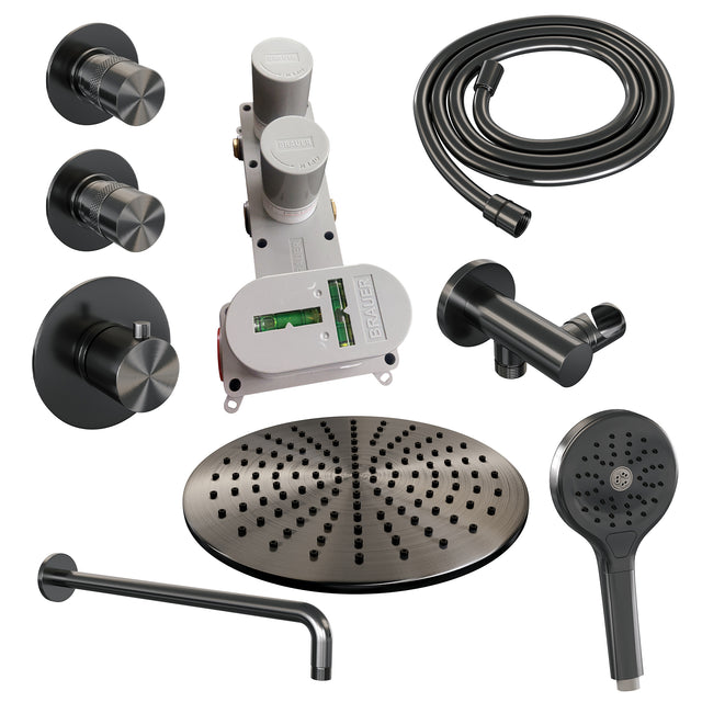 BRAUER Gunmetal Edition thermostatische inbouw regendouche SET 10 met 30 cm douchekop en gebogen muurarm en 3-standen handdouche en doucheslang en wandaansluitbocht gunmetal geborsteld PVD