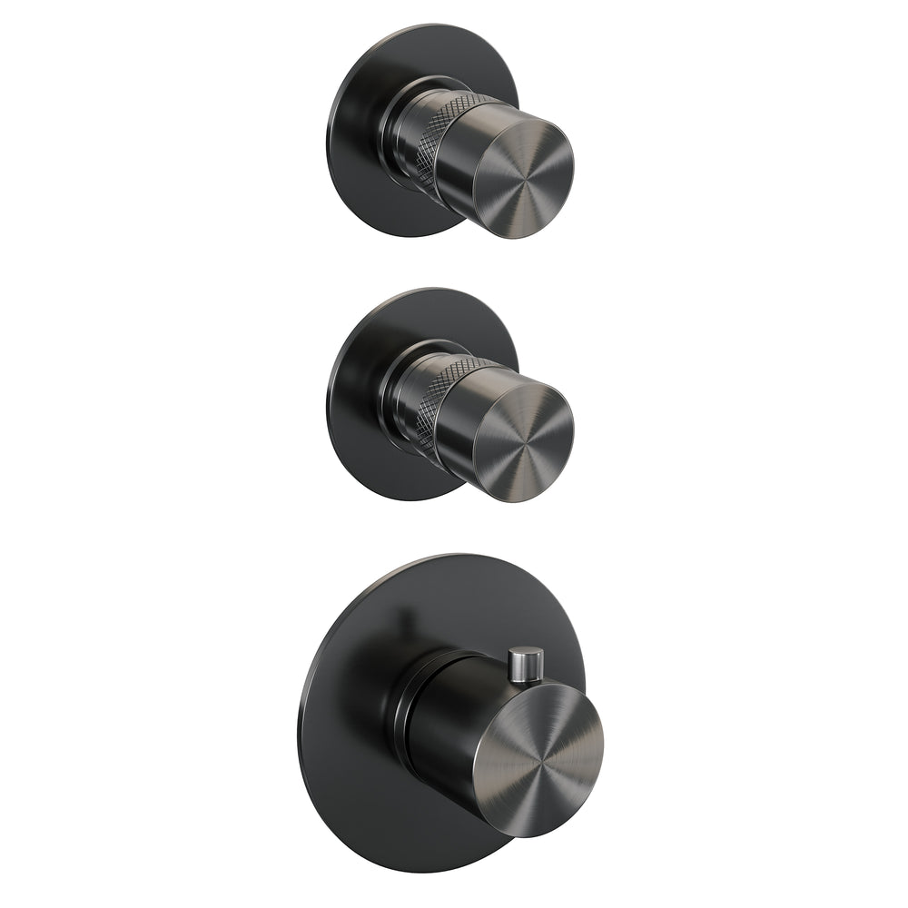 BRAUER Gunmetal Edition thermostatische inbouw regendouche SET 10 met 30 cm douchekop en gebogen muurarm en 3-standen handdouche en doucheslang en wandaansluitbocht gunmetal geborsteld PVD