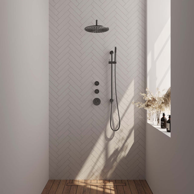 BRAUER Gunmetal Edition thermostatische inbouw regendouche SET 16 met 30 cm douchekop en gebogen muurarm en staaf handdouche en doucheslang en geïntegreerde glijstang gunmetal geborsteld PVD