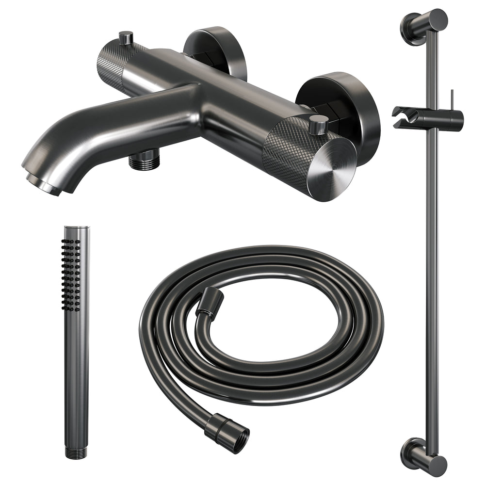 BRAUER Gunmetal Carving opbouw baddouche thermostaatkraan SET 01 met glijstang en staaf handdouche en doucheslang gunmetal geborsteld PVD
