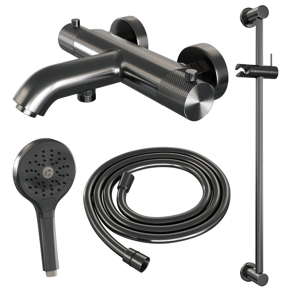 BRAUER Gunmetal Carving opbouw baddouche thermostaatkraan SET 02 met glijstang en 3-standen handdouche en doucheslang gunmetal geborsteld PVD