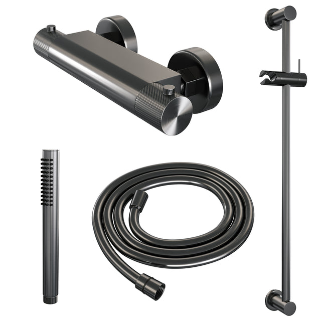 BRAUER Gunmetal Carving opbouw douche thermostaatkraan SET 01 met glijstang en staaf handdouche en doucheslang gunmetal geborsteld PVD