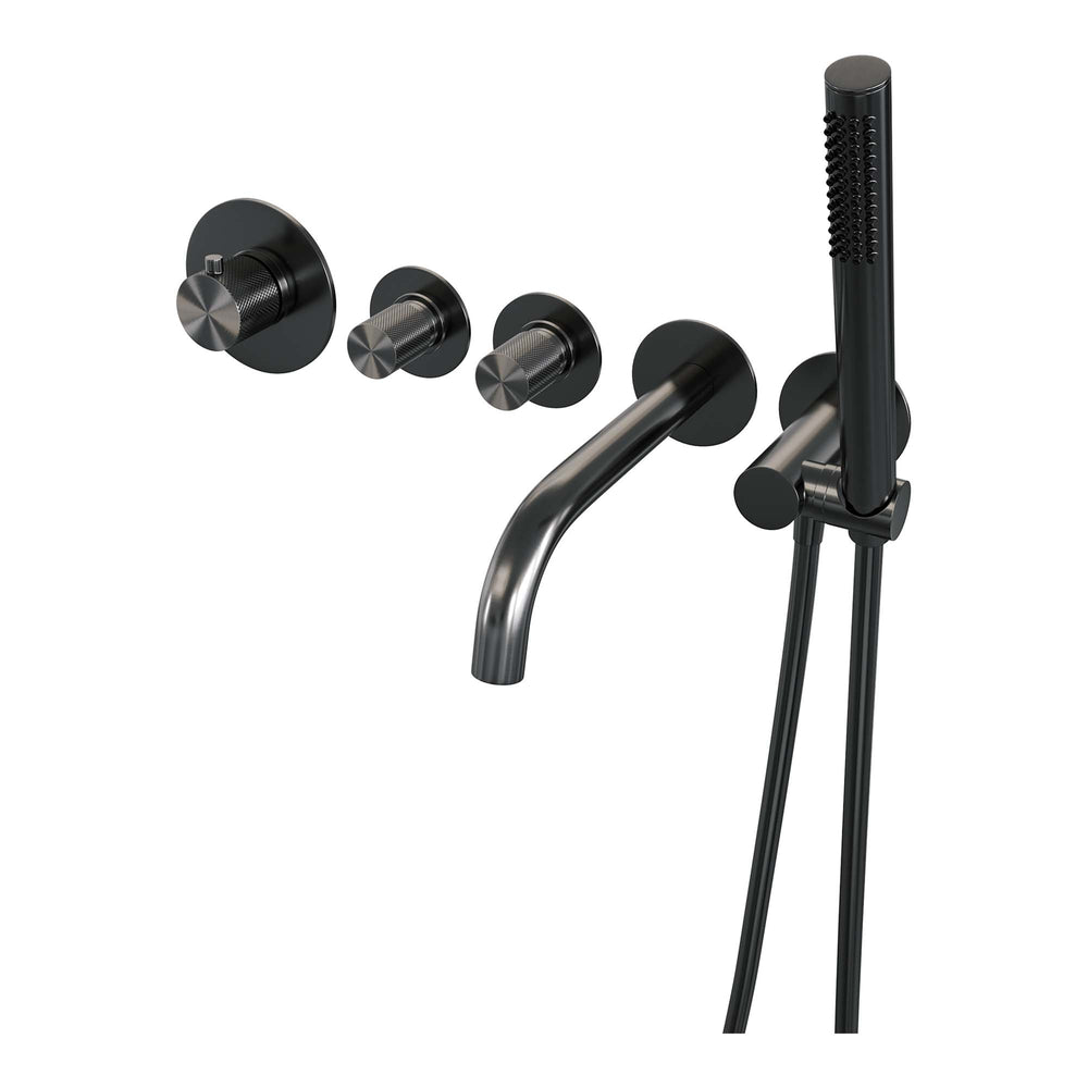 BRAUER Gunmetal Carving thermostatische inbouw badkraan SET 01 met uitloop en staaf handdouche en doucheslang en wandaansluitbocht gunmetal geborsteld PVD