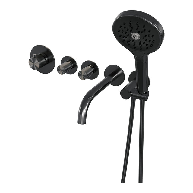 BRAUER Gunmetal Carving thermostatische inbouw badkraan SET 02 met uitloop en 3-standen handdouche en doucheslang en wandaansluitbocht gunmetal geborsteld PVD