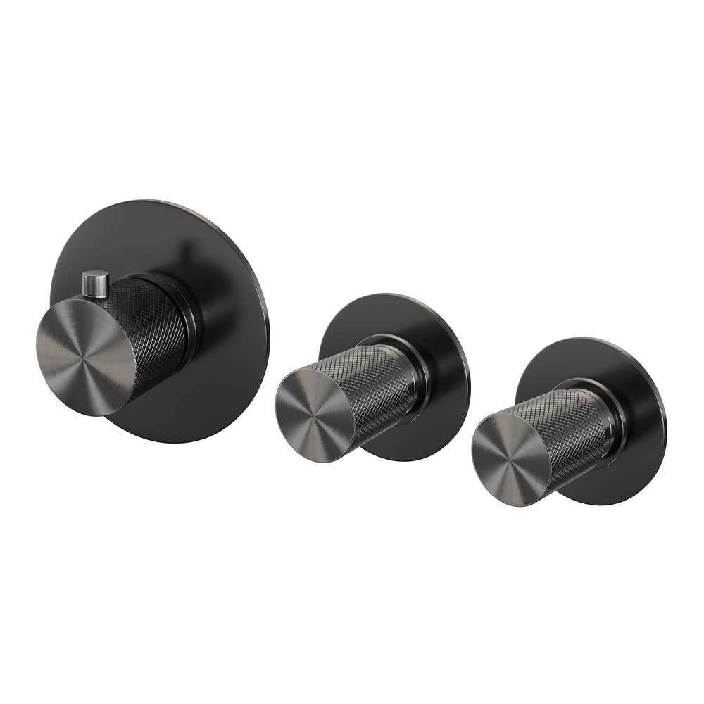BRAUER Gunmetal Carving thermostatische inbouw badkraan SET 02 met uitloop en 3-standen handdouche en doucheslang en wandaansluitbocht gunmetal geborsteld PVD