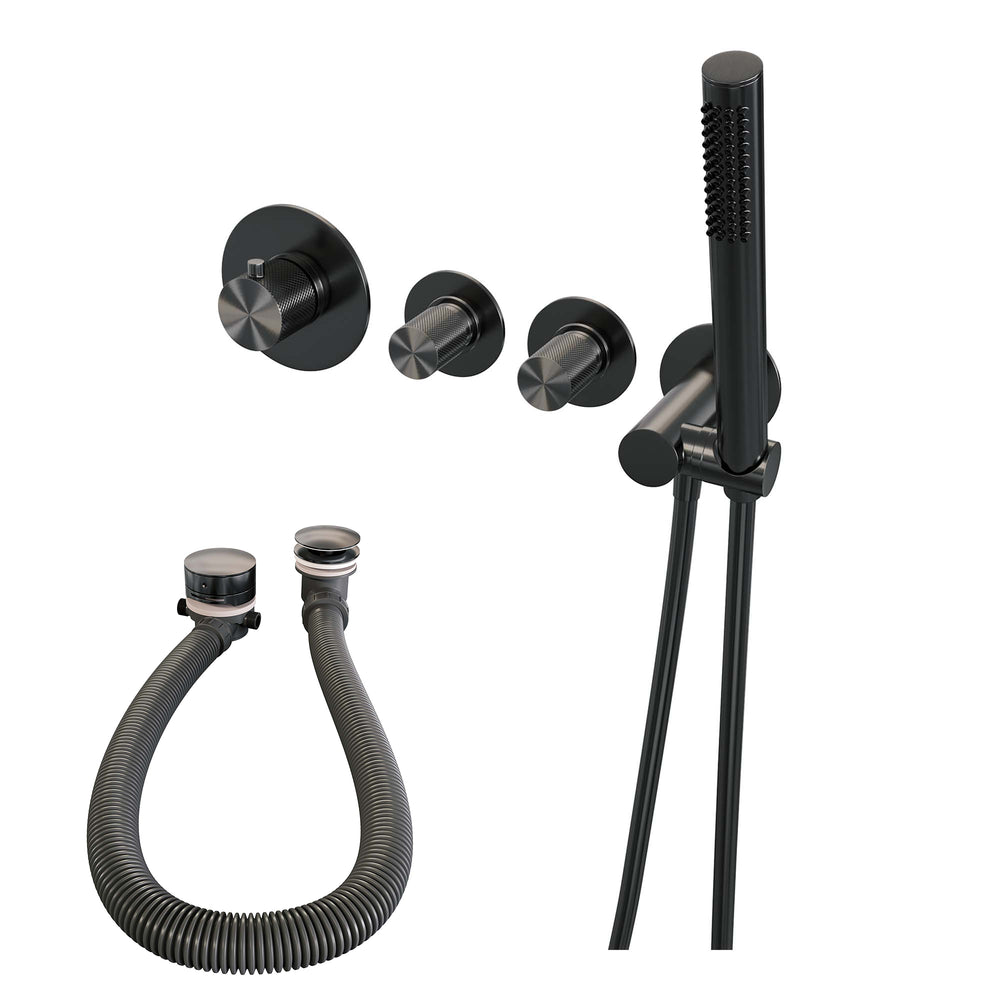 BRAUER Gunmetal Carving thermostatische inbouw badkraan SET 01 met badvulcombinatie en staaf handdouche en doucheslang en wandaansluitbocht gunmetal geborsteld PVD