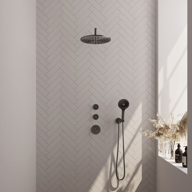 BRAUER Gunmetal Carving thermostatische inbouw regendouche SET 10 met 30 cm douchekop en gebogen muurarm en 3-standen handdouche en doucheslang en wandaansluitbocht gunmetal geborsteld PVD