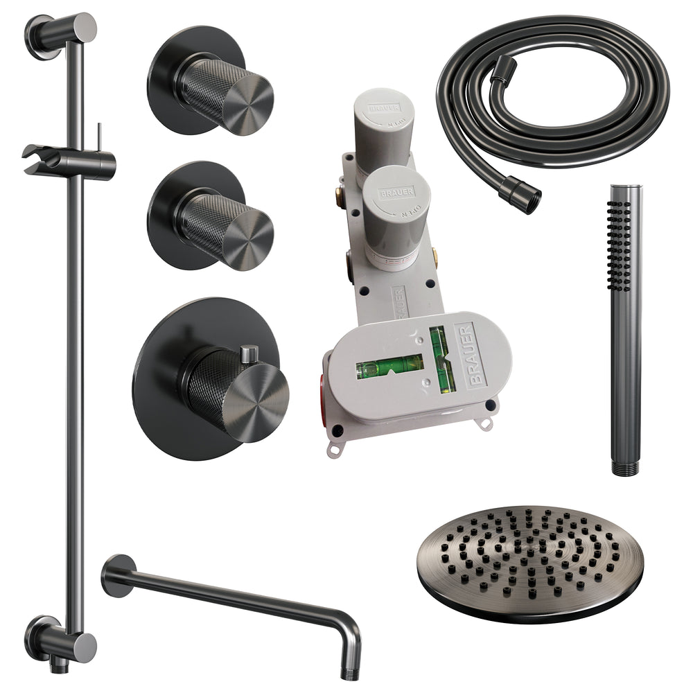 BRAUER Gunmetal Carving thermostatische inbouw regendouche SET 15 met 20 cm douchekop en gebogen muurarm en staaf handdouche en doucheslang en geïntegreerde glijstang gunmetal geborsteld PVD