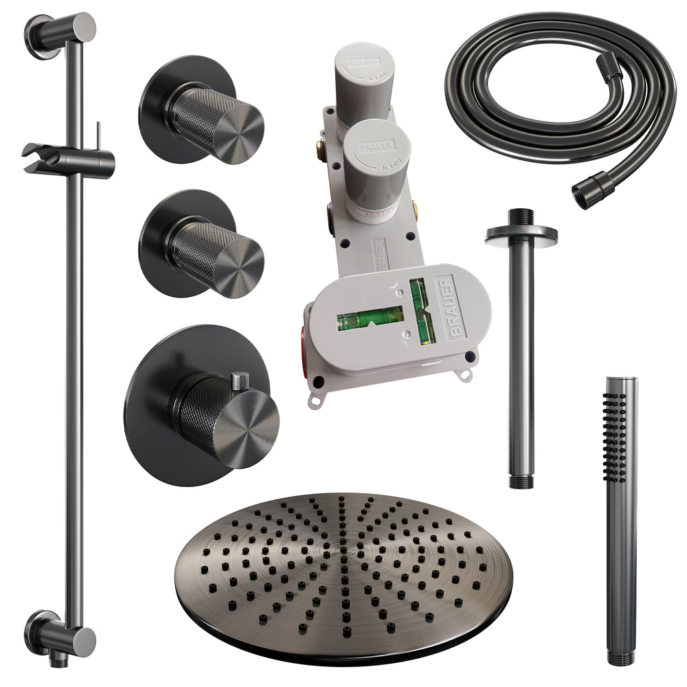BRAUER Gunmetal Carving thermostatische inbouw regendouche SET 18 met 30 cm douchekop en plafondarm en staaf handdouche en doucheslang en geïntegreerde glijstang gunmetal geborsteld PVD