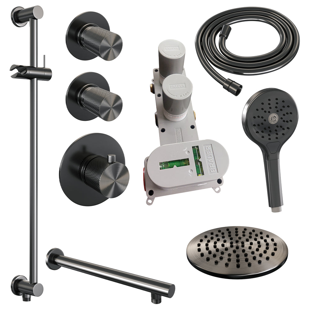 BRAUER Gunmetal Carving thermostatische inbouw regendouche SET 19 met 20 cm douchekop en rechte muurarm en 3-standen handdouche en doucheslang en geïntegreerde glijstang gunmetal geborsteld PVD