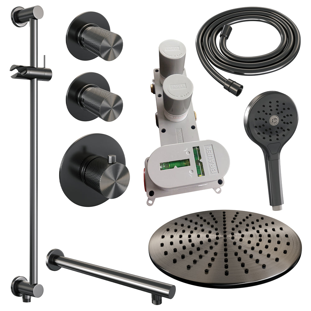 BRAUER Gunmetal Carving thermostatische inbouw regendouche SET 20 met 30 cm douchekop en rechte muurarm en 3-standen handdouche en doucheslang en geïntegreerde glijstang gunmetal geborsteld PVD