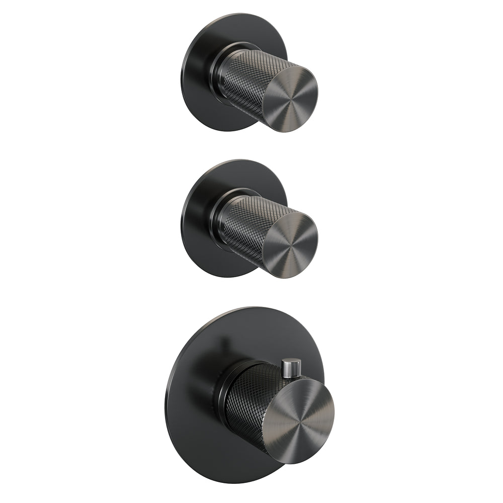 BRAUER Gunmetal Carving thermostatische inbouw regendouche SET 22 met 30 cm douchekop en gebogen muurarm en 3-standen handdouche en doucheslang en geïntegreerde glijstang gunmetal geborsteld PVD