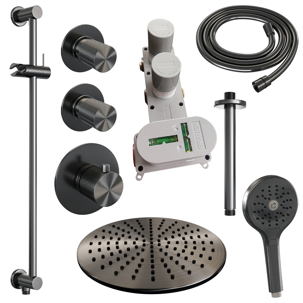 BRAUER Gunmetal Carving thermostatische inbouw regendouche SET 24 met 30 cm douchekop en plafondarm en 3-standen handdouche en doucheslang en geïntegreerde glijstang gunmetal geborsteld PVD