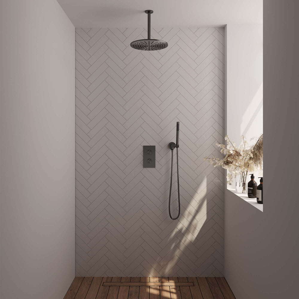 BRAUER Gunmetal Carving thermostatische inbouw regendouche 3-weg omstelling SET 30 met 30 cm douchekop en plafondarm en staaf handdouche en doucheslang en wandaansluitbocht gunmetal geborsteld PVD