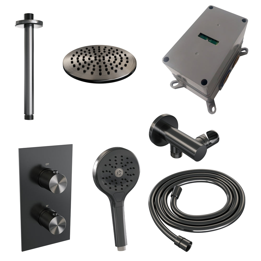 BRAUER Gunmetal Carving thermostatische inbouw regendouche 3-weg omstelling SET 35 met 20 cm douchekop en plafondarm en 3-standen handdouche en doucheslang en wandaansluitbocht gunmetal geborsteld PVD