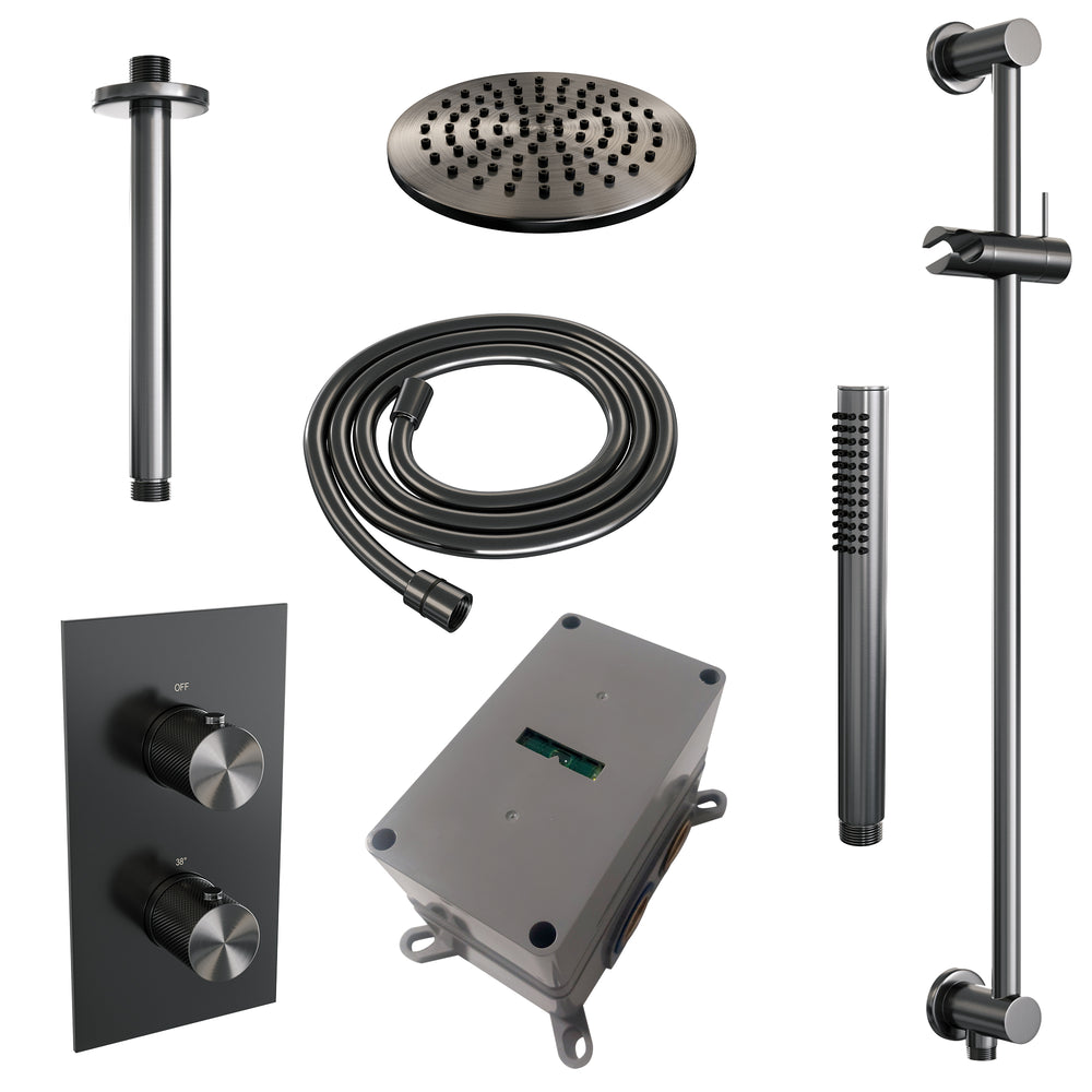 BRAUER Gunmetal Carving thermostatische inbouw regendouche 3-weg omstelling SET 41 met 20 cm douchekop en plafondarm en staaf handdouche en doucheslang en geïntegreerde glijstang gunmetal geborsteld PVD