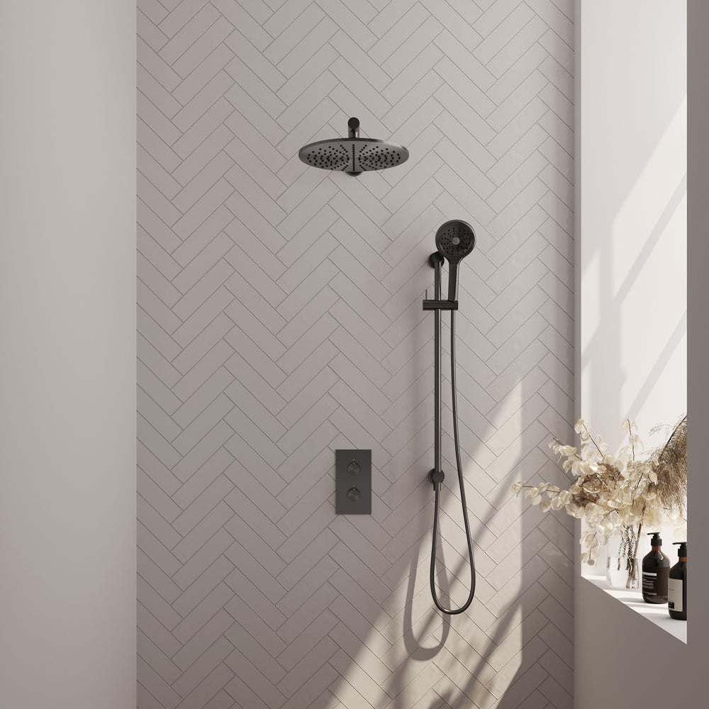 BRAUER Gunmetal Carving thermostatische inbouw regendouche 3-weg omstelling SET 44 met 30 cm douchekop en rechte muurarm en 3-standen handdouche en doucheslang en geïntegreerde glijstang gunmetal geborsteld PVD