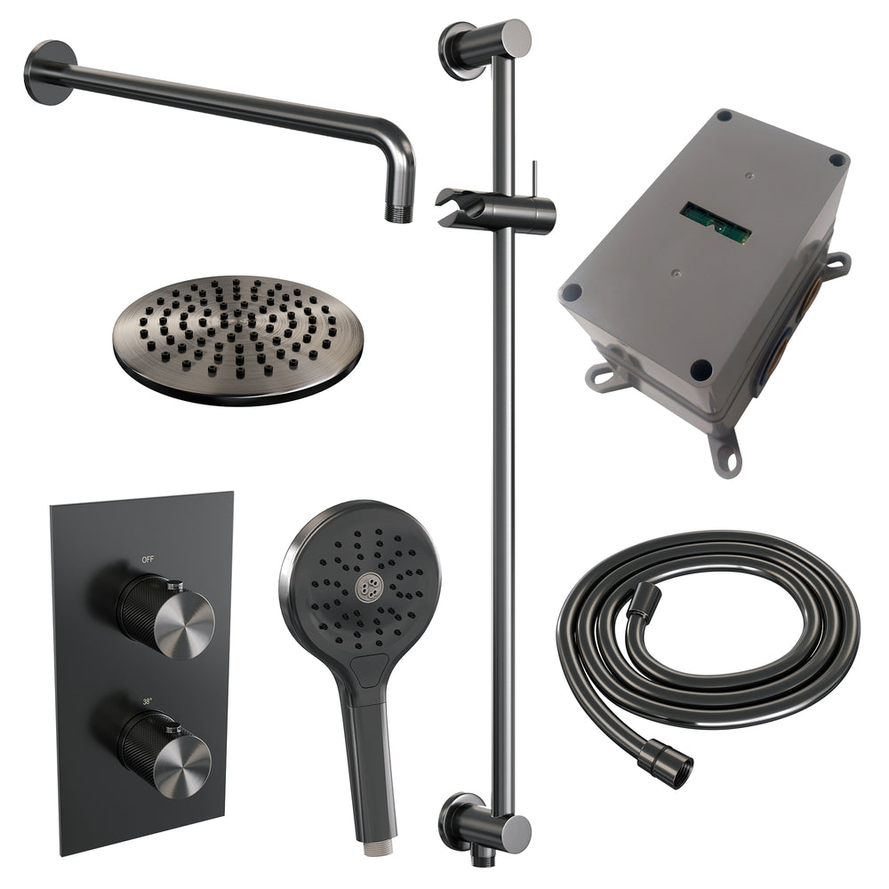 BRAUER Gunmetal Carving thermostatische inbouw regendouche 3-weg omstelling SET 45 met 20 cm douchekop en gebogen muurarm en 3-standen handdouche en doucheslang en geïntegreerde glijstang gunmetal geborsteld PVD