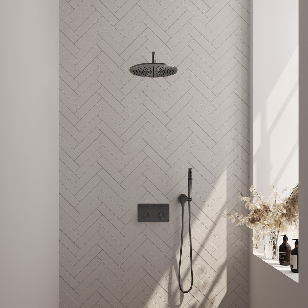 BRAUER Gunmetal Carving thermostatische inbouw regendouche met drukknoppen SET 52 met 30 cm douchekop en gebogen muurarm en staaf handdouche en doucheslang en wandaansluitbocht gunmetal geborsteld PVD