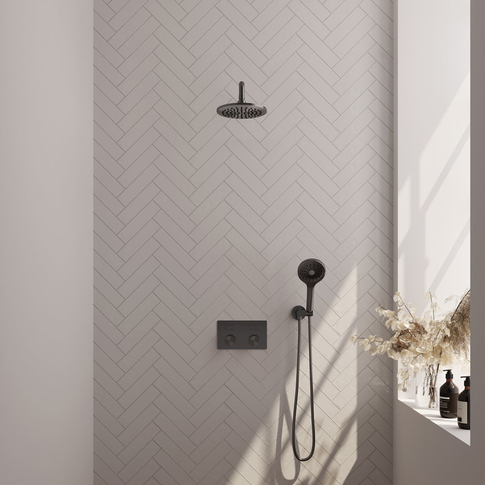 BRAUER Gunmetal Carving thermostatische inbouw regendouche met drukknoppen SET 57 met 20 cm douchekop en gebogen muurarm en 3-standen handdouche en doucheslang en wandaansluitbocht gunmetal geborsteld PVD