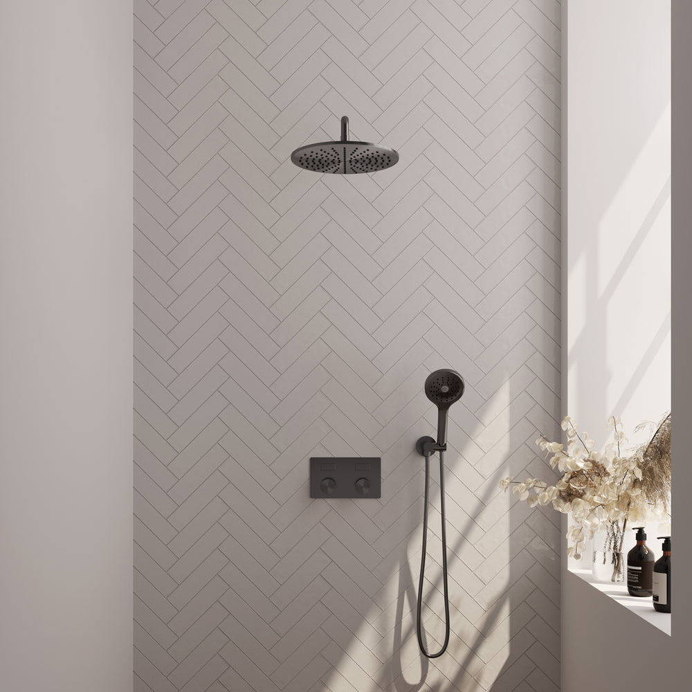 BRAUER Gunmetal Carving thermostatische inbouw regendouche met drukknoppen SET 58 met 30 cm douchekop en gebogen muurarm en 3-standen handdouche en doucheslang en wandaansluitbocht gunmetal geborsteld PVD