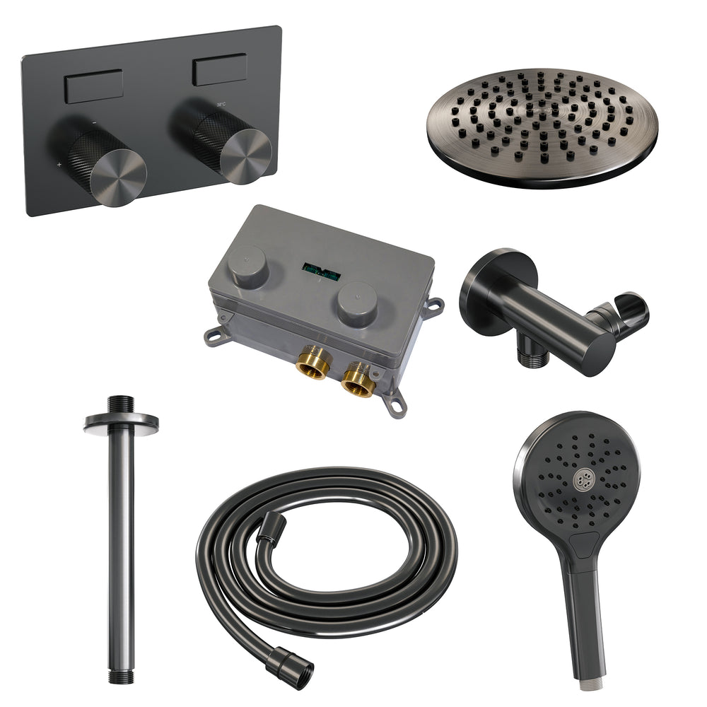 BRAUER Gunmetal Carving thermostatische inbouw regendouche met drukknoppen SET 59 met 20 cm douchekop en plafondarm en 3-standen handdouche en doucheslang en wandaansluitbocht gunmetal geborsteld PVD