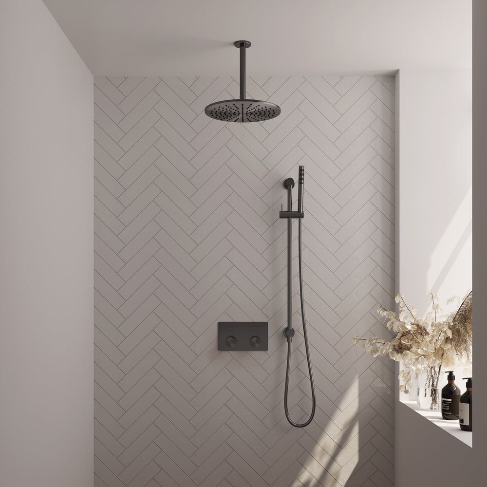 BRAUER Gunmetal Carving thermostatische inbouw regendouche met drukknoppen SET 66 met 30 cm douchekop en plafondarm en staaf handdouche en doucheslang en geïntegreerde glijstang gunmetal geborsteld PVD