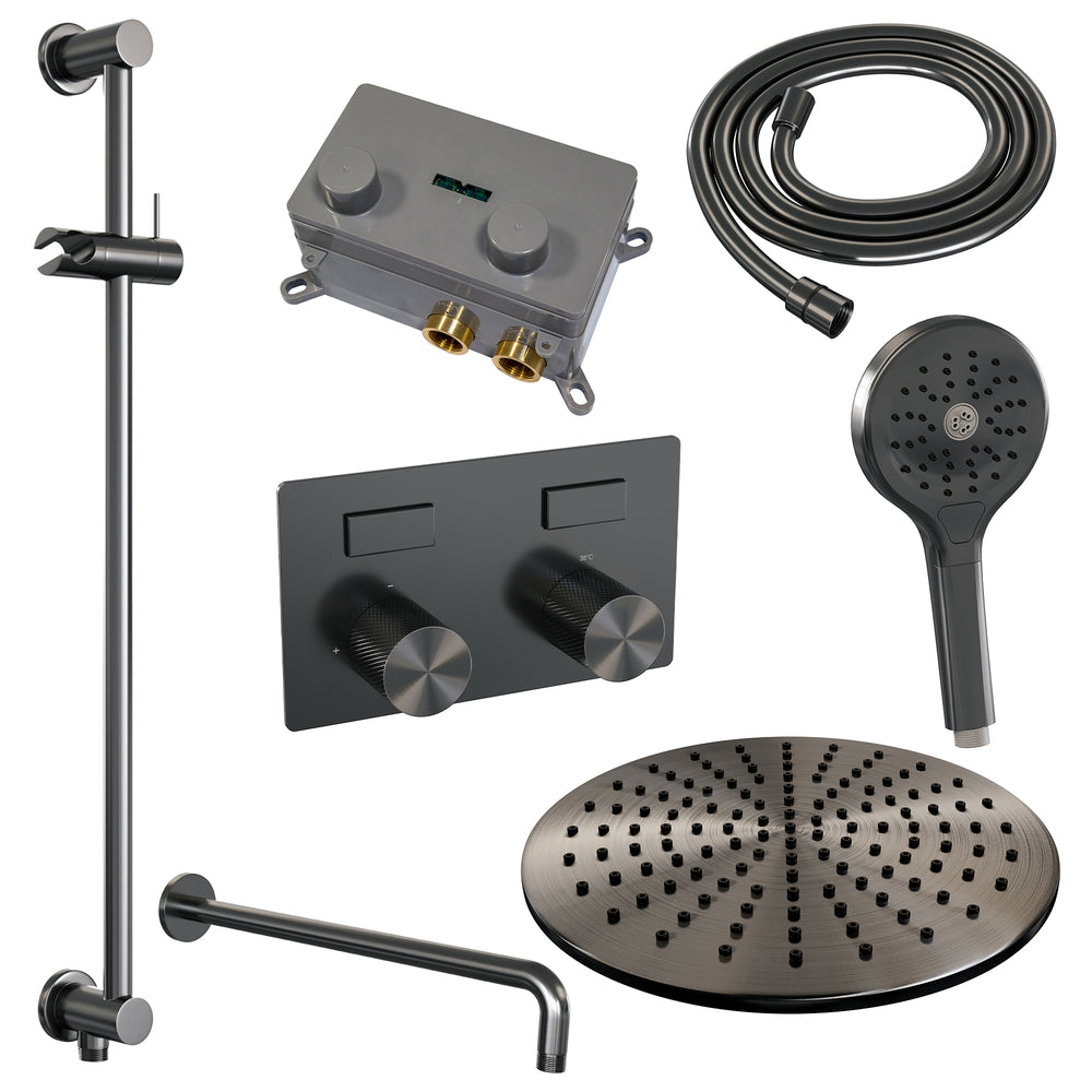 BRAUER Gunmetal Carving thermostatische inbouw regendouche met drukknoppen SET 70 met 30 cm douchekop en gebogen muurarm en 3-standen handdouche en doucheslang en geïntegreerde glijstang gunmetal geborsteld PVD