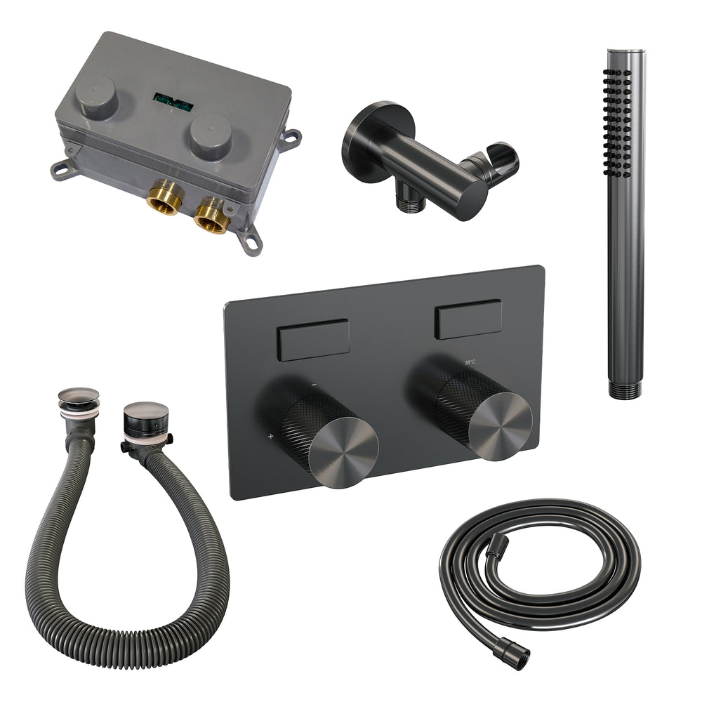 BRAUER Gunmetal Carving thermostatische inbouw badkraan met drukknoppen SET 03 met badvulcombinatie en staaf handdouche en doucheslang en wandaansluitbocht gunmetal geborsteld PVD 5-GM-212