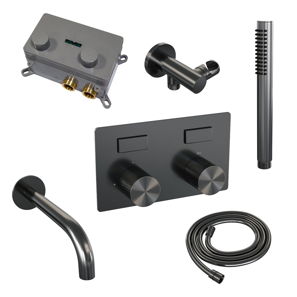 BRAUER Gunmetal Carving thermostatische inbouw badkraan met drukknoppen SET 03 met uitloop en staaf handdouche en doucheslang en wandaansluitbocht gunmetal geborsteld PVD 5-GM-214