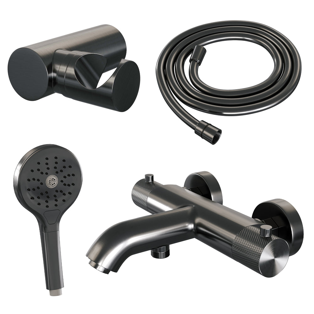 BRAUER Gunmetal Carving opbouw baddouche thermostaatkraan SET 04 met wandhouder en 3-standen handdouche en doucheslang gunmetal geborsteld PVD 5-GM-247