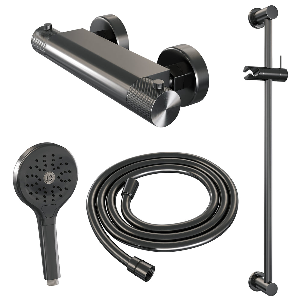 BRAUER Gunmetal Carving opbouw douche thermostaatkraan SET 02 met glijstang en 3-standen handdouche en doucheslang gunmetal geborsteld PVD 5-GM-250
