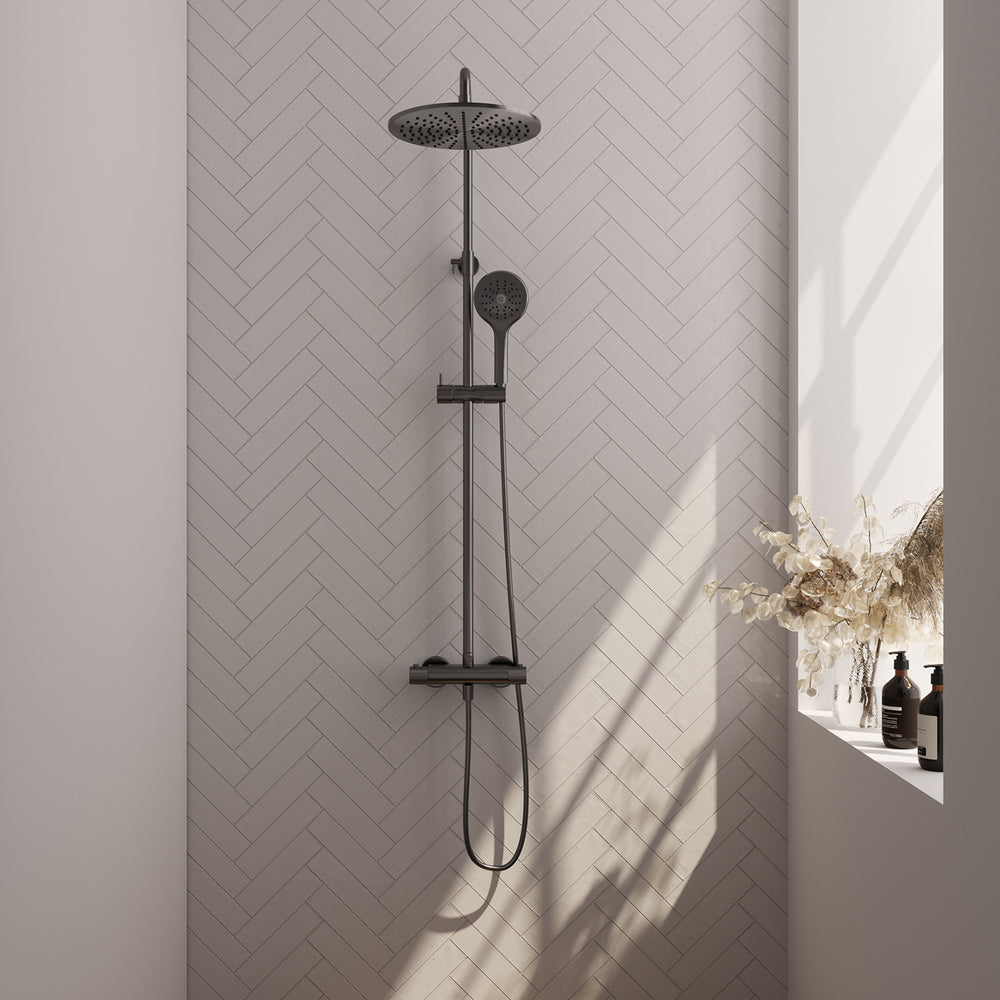 BRAUER Gunmetal Carving opbouw thermostatische regendouche SET 04 met 30 cm hoofddouche en 3-standen handdouche en doucheslang gunmetal geborsteld PVD 5-GM-256