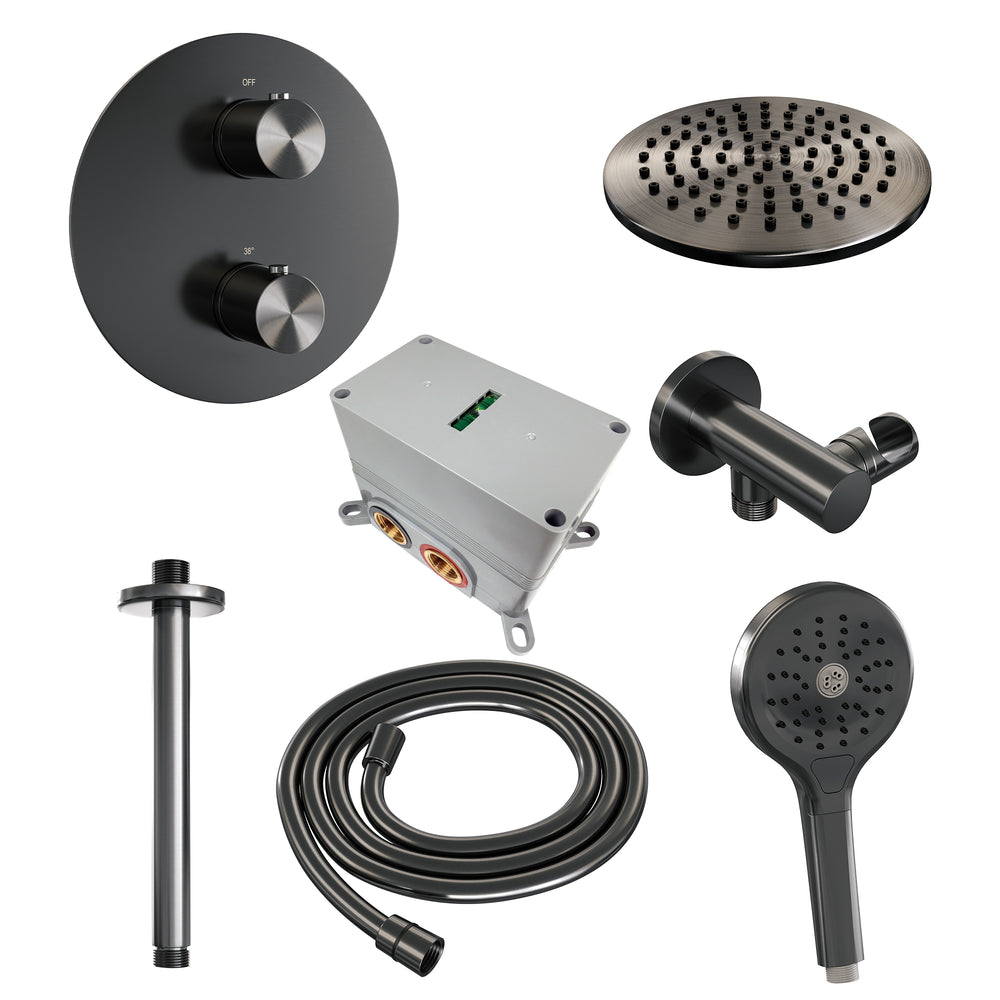 BRAUER Gunmetal Edition thermostatische inbouw regendouche 3-weg rond SET 83 met 20 cm douchekop en plafondarm en 3-standen handdouche en doucheslang en wandaansluitbocht gunmetal geborsteld PVD 5-GM-277
