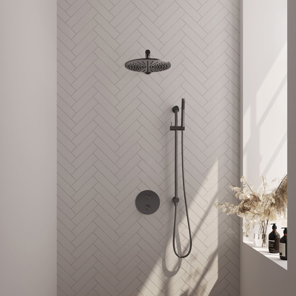 BRAUER Gunmetal Edition thermostatische inbouw regendouche 3-weg rond SET 86 met 30 cm douchekop en rechte muurarm en staaf handdouche en doucheslang en geïntegreerde glijstang gunmetal geborsteld PVD 5-GM-280