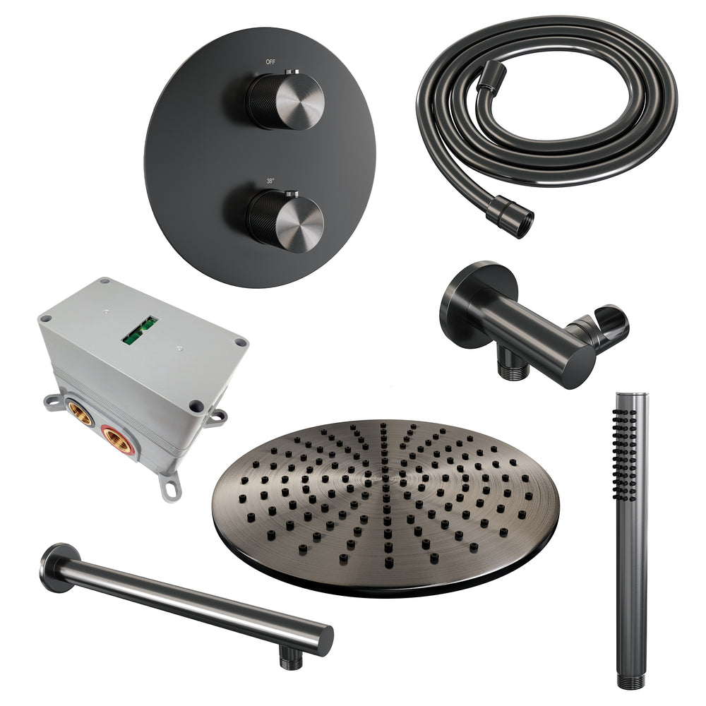 BRAUER Gunmetal Carving thermostatische inbouw regendouche 3-weg rond SET 74 met 30 cm douchekop en rechte muurarm en staaf handdouche en doucheslang en wandaansluitbocht gunmetal geborsteld PVD 5-GM-292