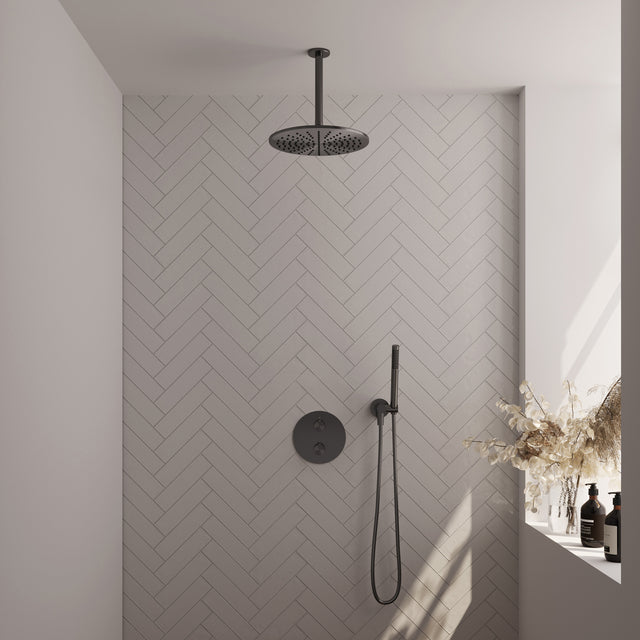 BRAUER Gunmetal Carving thermostatische inbouw regendouche 3-weg rond SET 78 met 30 cm douchekop en plafondarm en staaf handdouche en doucheslang en wandaansluitbocht gunmetal geborsteld PVD 5-GM-296