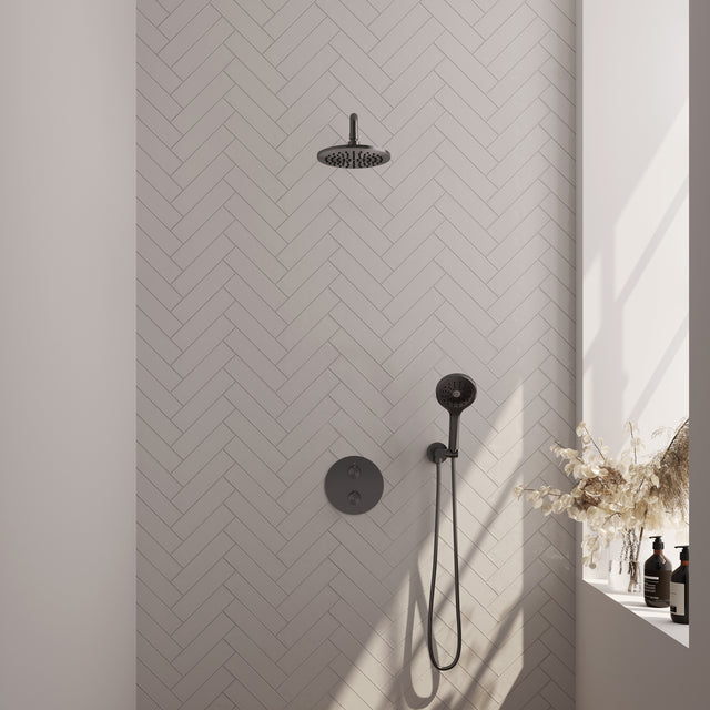 BRAUER Gunmetal Carving thermostatische inbouw regendouche 3-weg rond SET 81 met 20 cm douchekop en gebogen muurarm en 3-standen handdouche en doucheslang en wandaansluitbocht gunmetal geborsteld PVD 5-GM-299