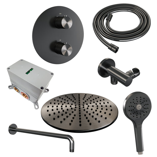 BRAUER Gunmetal Carving thermostatische inbouw regendouche 3-weg rond SET 82 met 30 cm douchekop en gebogen muurarm en 3-standen handdouche en doucheslang en wandaansluitbocht gunmetal geborsteld PVD 5-GM-300