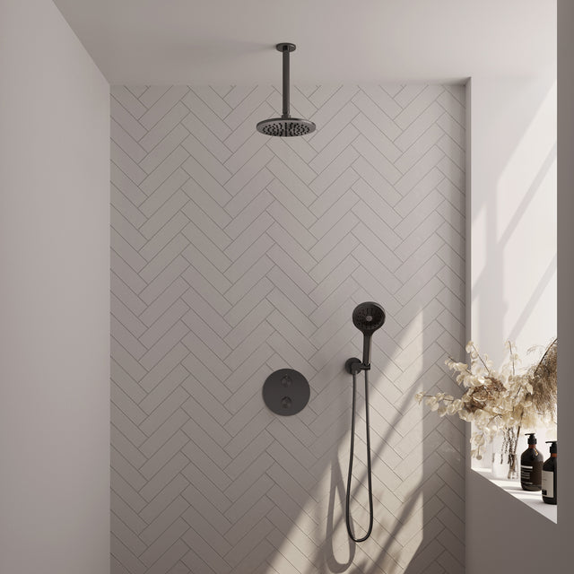 BRAUER Gunmetal Carving thermostatische inbouw regendouche 3-weg rond SET 83 met 20 cm douchekop en plafondarm en 3-standen handdouche en doucheslang en wandaansluitbocht gunmetal geborsteld PVD 5-GM-301