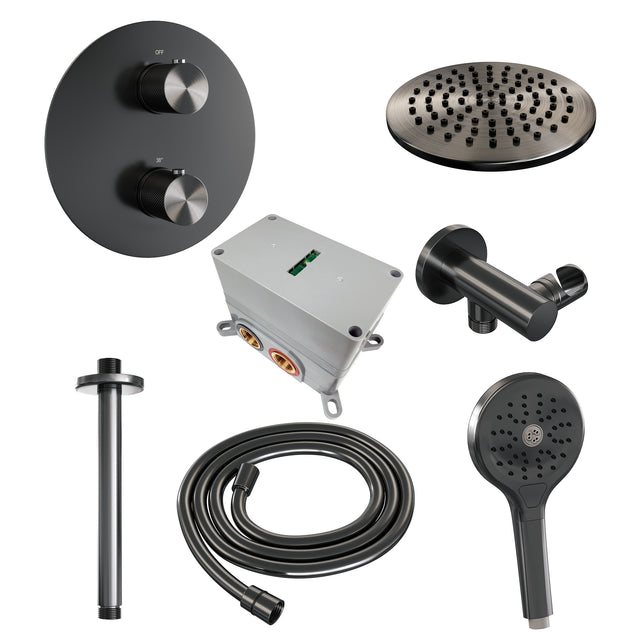 BRAUER Gunmetal Carving thermostatische inbouw regendouche 3-weg rond SET 83 met 20 cm douchekop en plafondarm en 3-standen handdouche en doucheslang en wandaansluitbocht gunmetal geborsteld PVD 5-GM-301