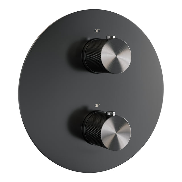 BRAUER Gunmetal Carving thermostatische inbouw regendouche 3-weg rond SET 83 met 20 cm douchekop en plafondarm en 3-standen handdouche en doucheslang en wandaansluitbocht gunmetal geborsteld PVD 5-GM-301